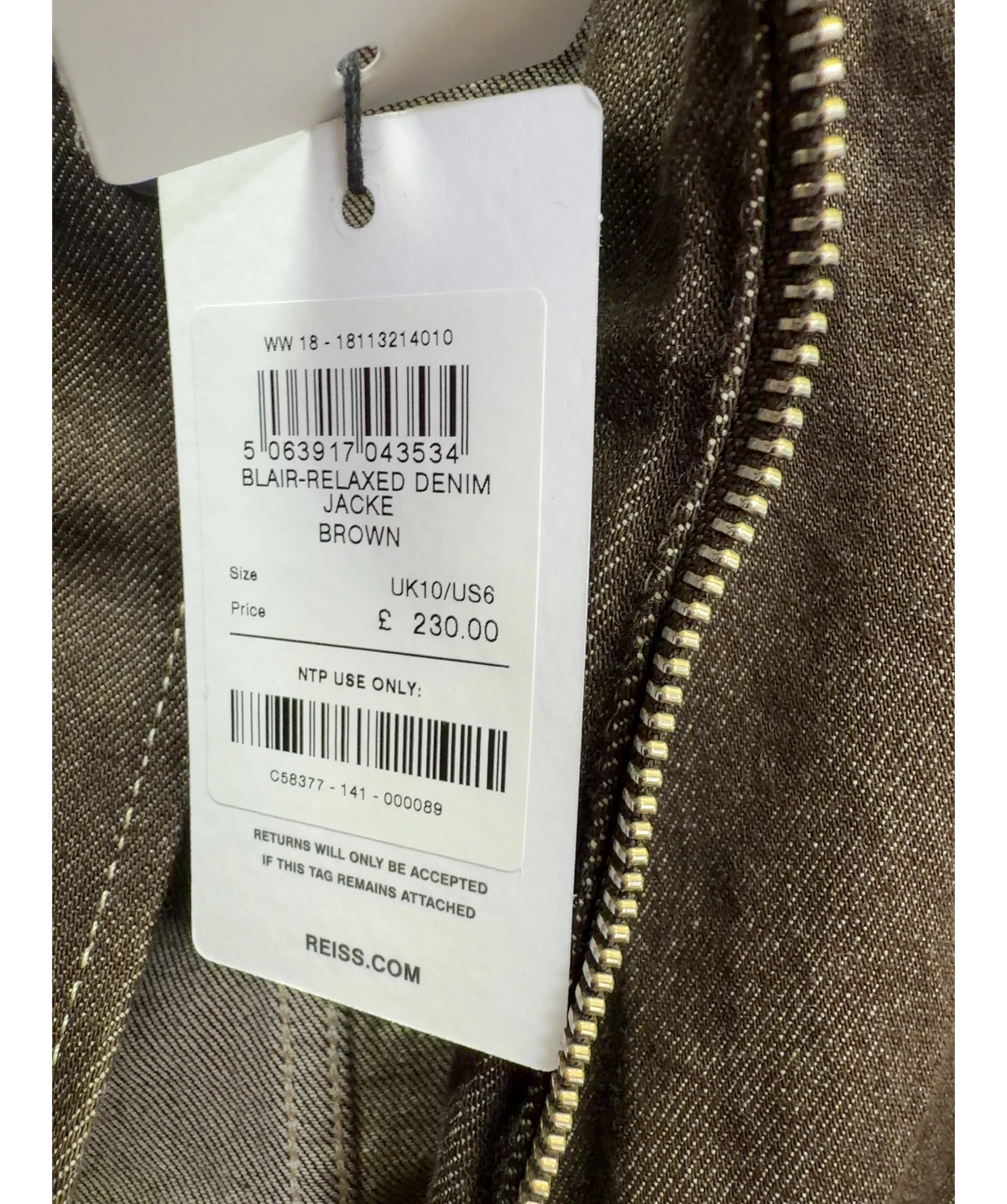 REISS Brown Blair Relaxed Denim Jacket, size UK 10 — label