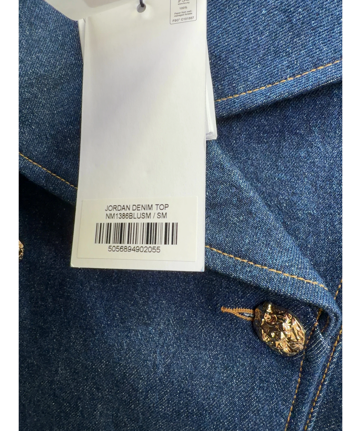 NADINE MERABI Blue Jordan Denim Top, size UK S/M — label