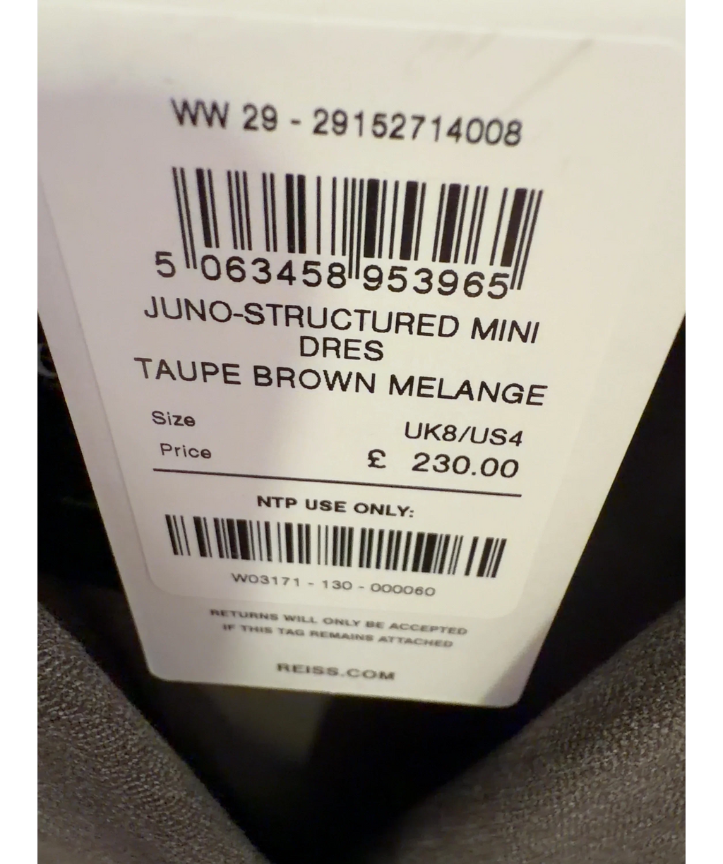 REISS Brown Juno Structured Mini Dress, size UK 8 — label
