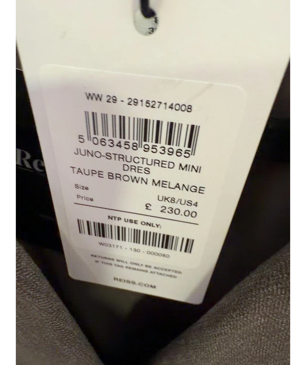 REISS Brown Juno Structured Mini Dress, size UK 8 — care label