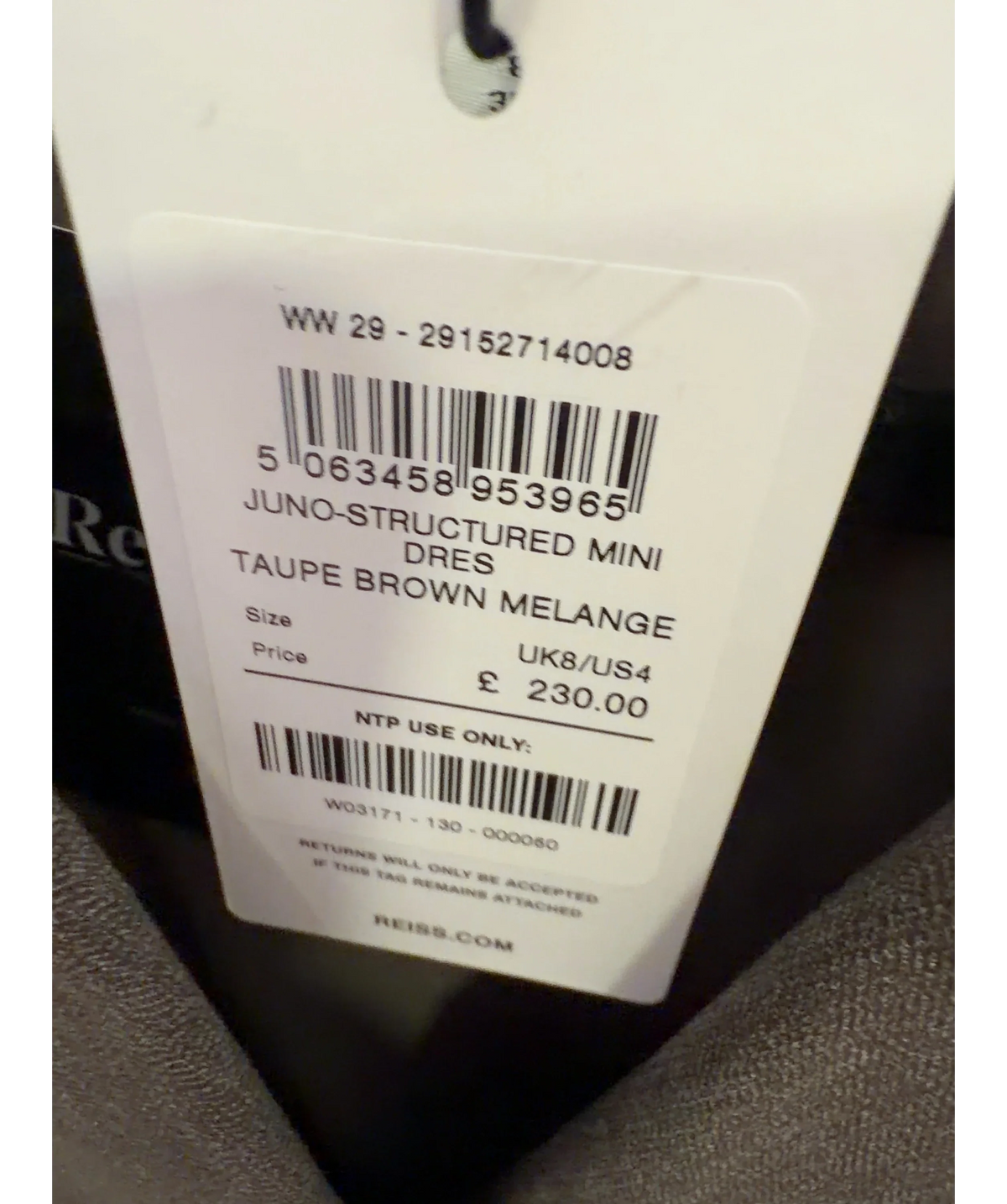 REISS Brown Juno Structured Mini Dress, size UK 8 — care label