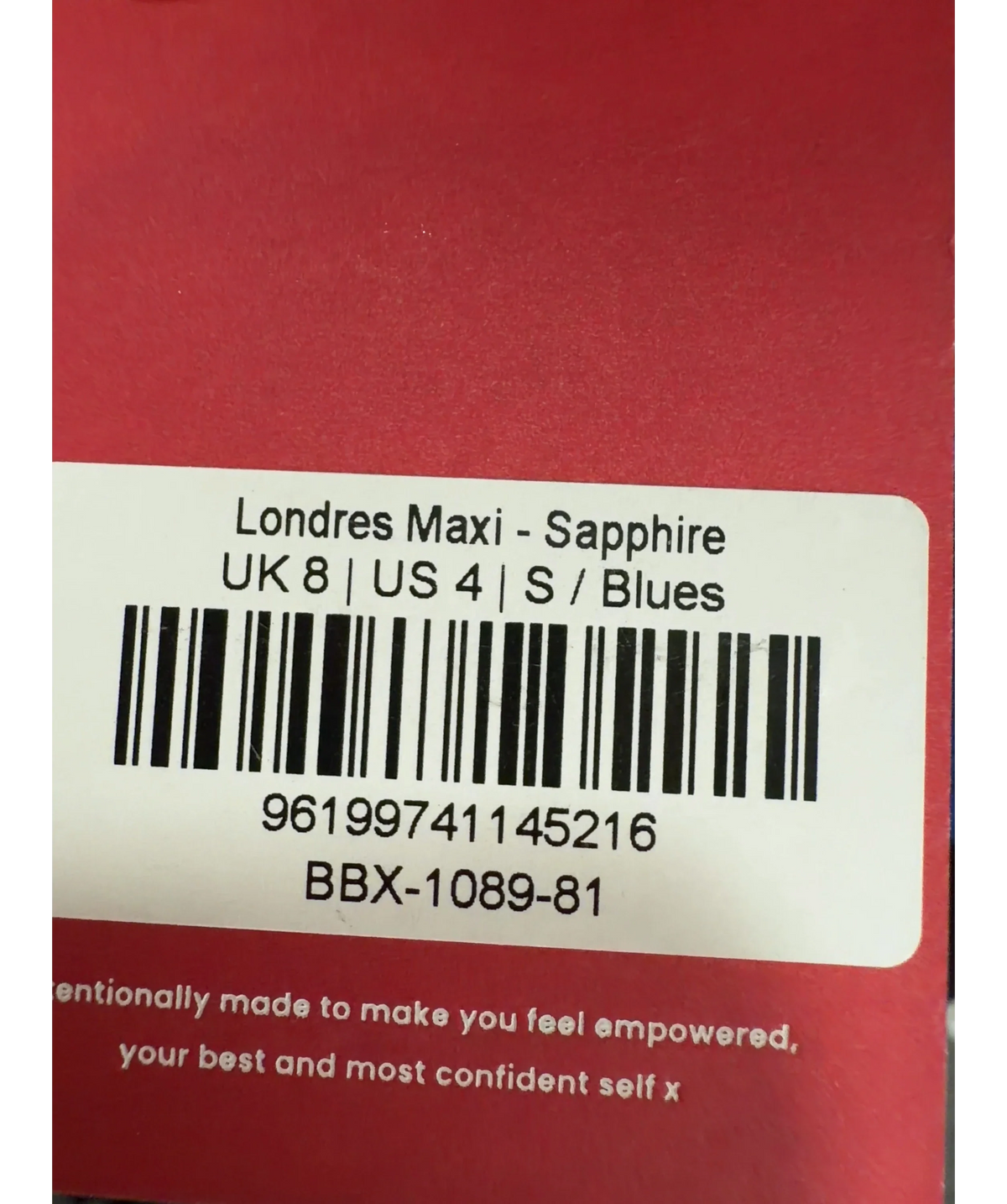 BBXBRAND Blue Londres Maxi, size UK 8 — label