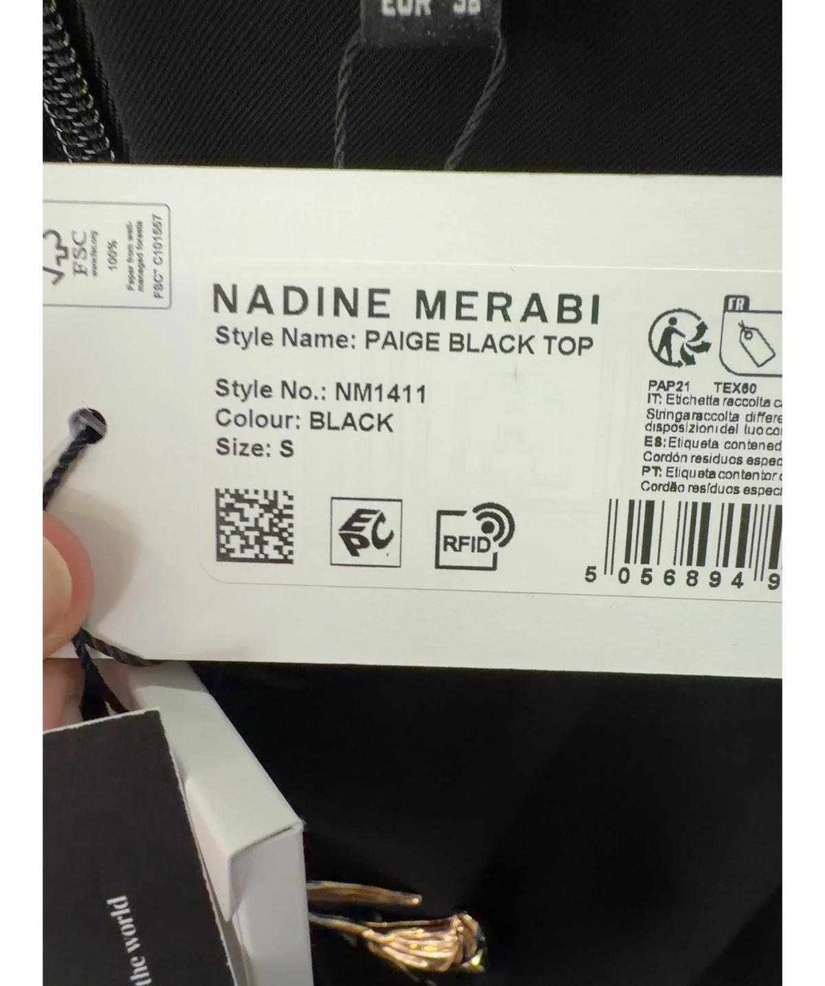 NADINE MERABI Black Paige Black Top, size UK S — care label