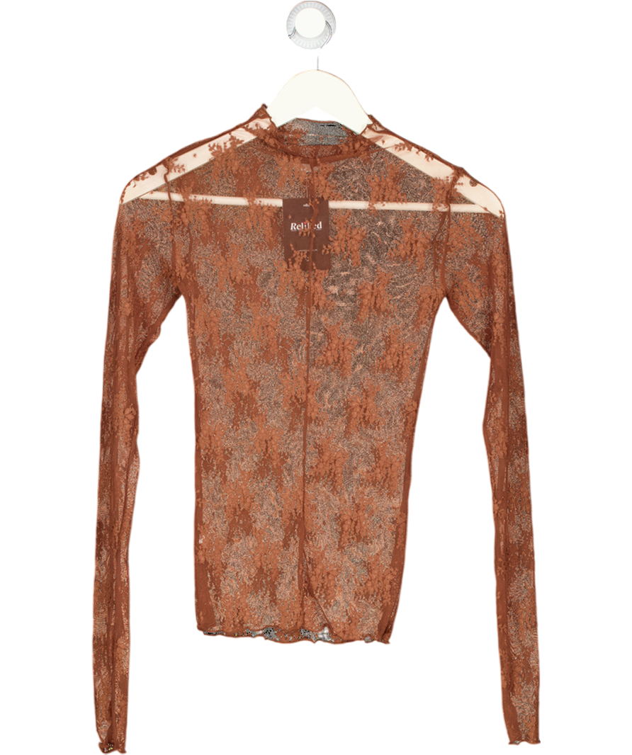 FREE PEOPLE Brown Intimately Black Sheer Lace High Neck Top UK XS