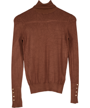 ZARA Brown Fine Knit Roll Neck Jumper With Gold Button Detail UK S