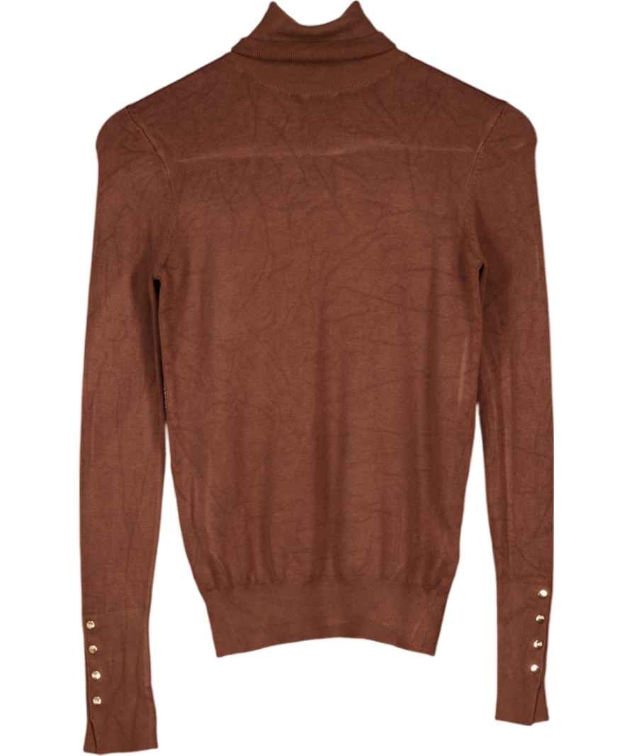 ZARA Brown Fine Knit Roll Neck Jumper With Gold Button Detail UK S