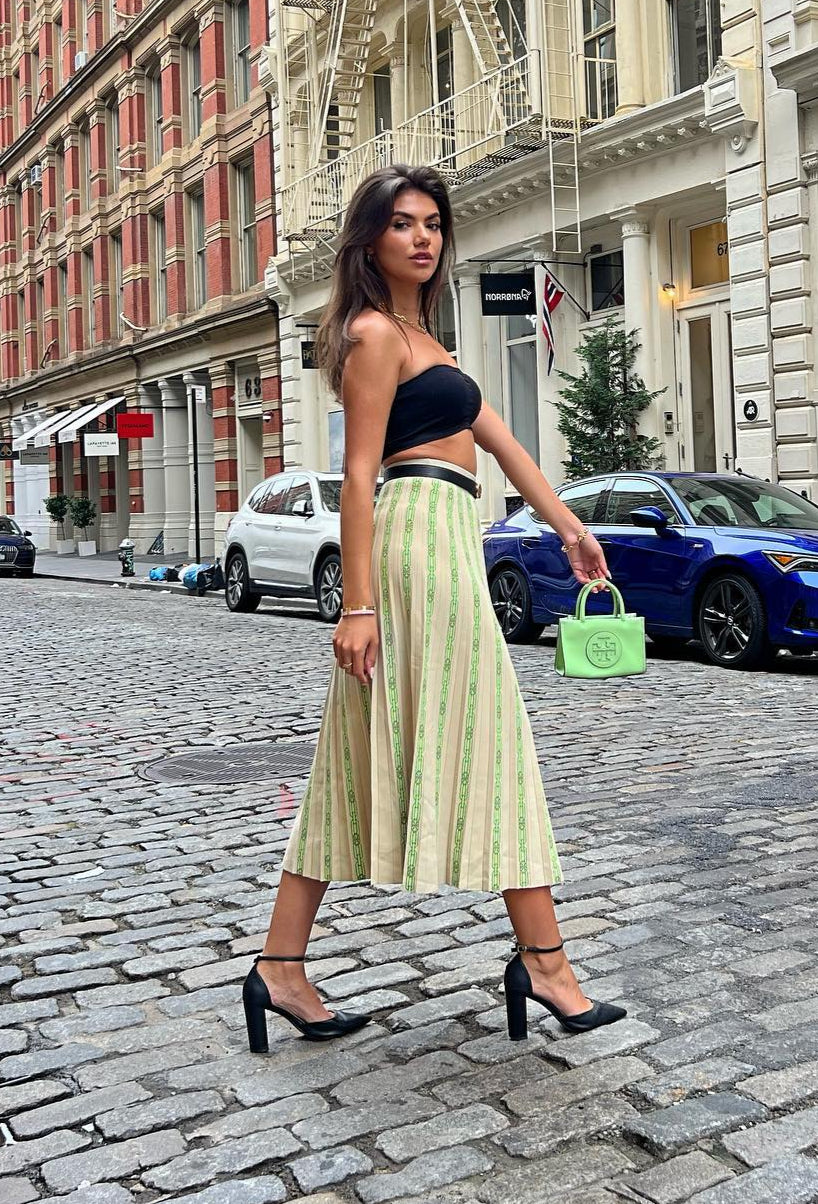 Tory Burch Ivory /Green Pleated Knit Midi Skirt UK 8