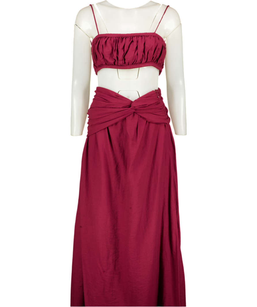 MESHKI 2-piece Dark Red Shirred Linen Bandeau And Knot Front Maxi Skirt Set UK XS