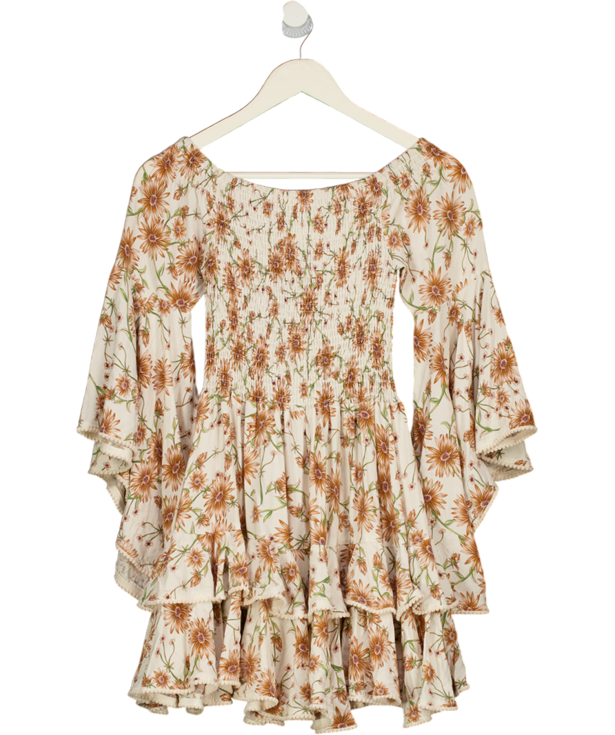 JAASE Cream / Brown Floral Tiered Mini Dress UK XS