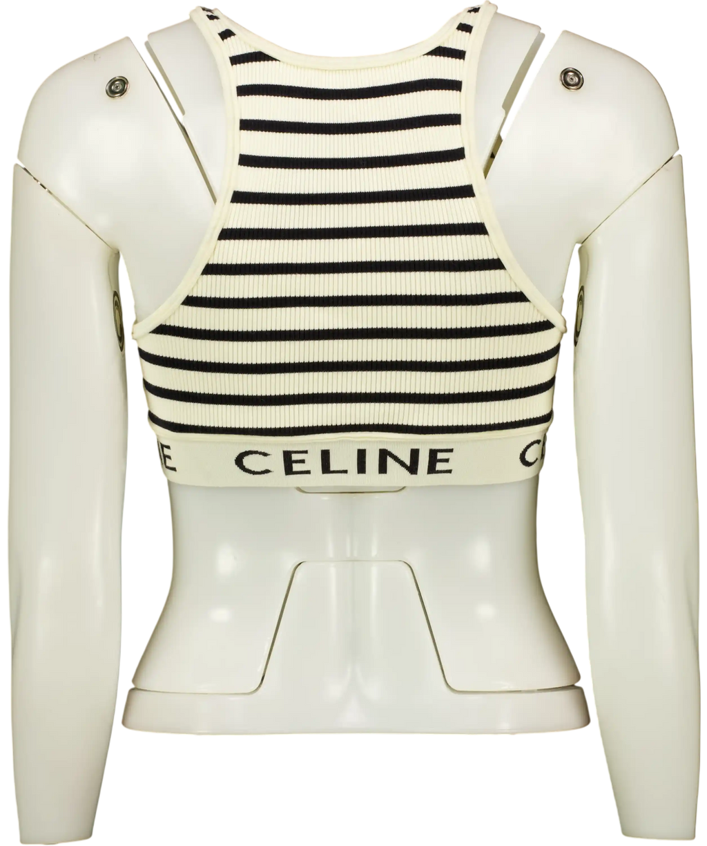 CELINE PARIS Cream And Black Striped Athletic-rib Crop Top UK S