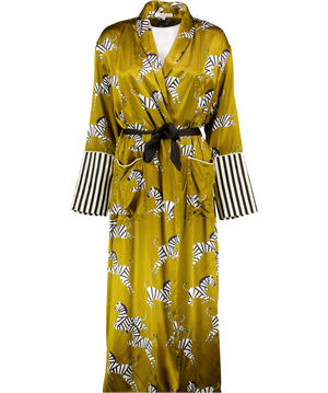 OLIVIA VON HALLE Olive Green / Black Zebra Rint Silk Robe UK XS/S