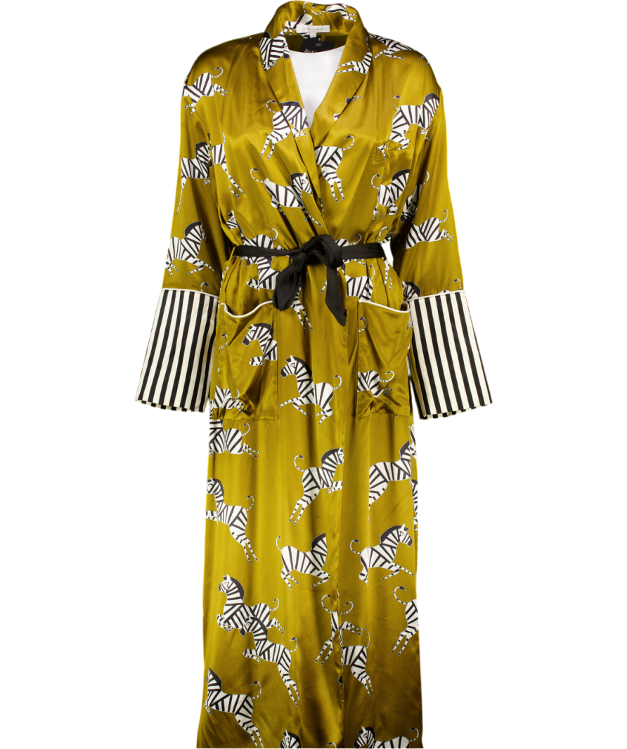 OLIVIA VON HALLE Olive Green / Black Zebra Rint Silk Robe UK XS/S