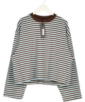 LIONESS Bloom Cotton Blend Long Sleeve Crew Neck Boxy T-shirt In Blue And Brown Stripe UK M