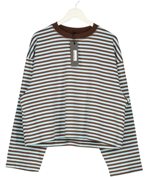 LIONESS Bloom Cotton Blend Long Sleeve Crew Neck Boxy T-shirt In Blue And Brown Stripe UK M