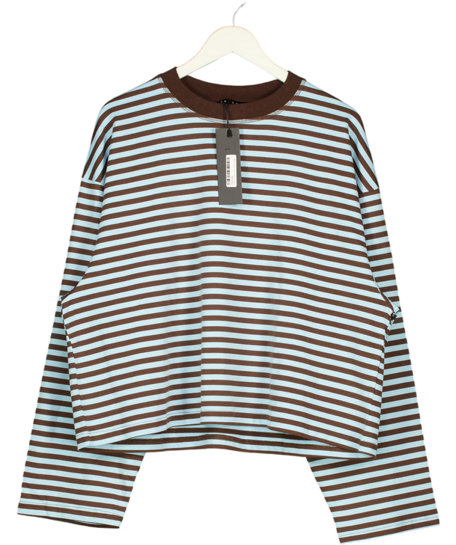 LIONESS Bloom Cotton Blend Long Sleeve Crew Neck Boxy T-shirt In Blue And Brown Stripe UK M