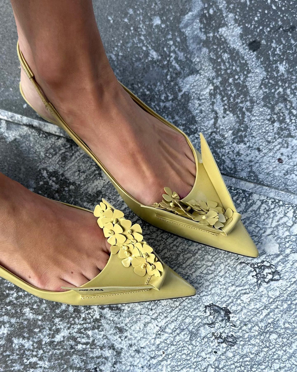 PRADA Yellow Brushed Leather Slingback Pumps With Floral Appliques UK 2 EU 35 👠