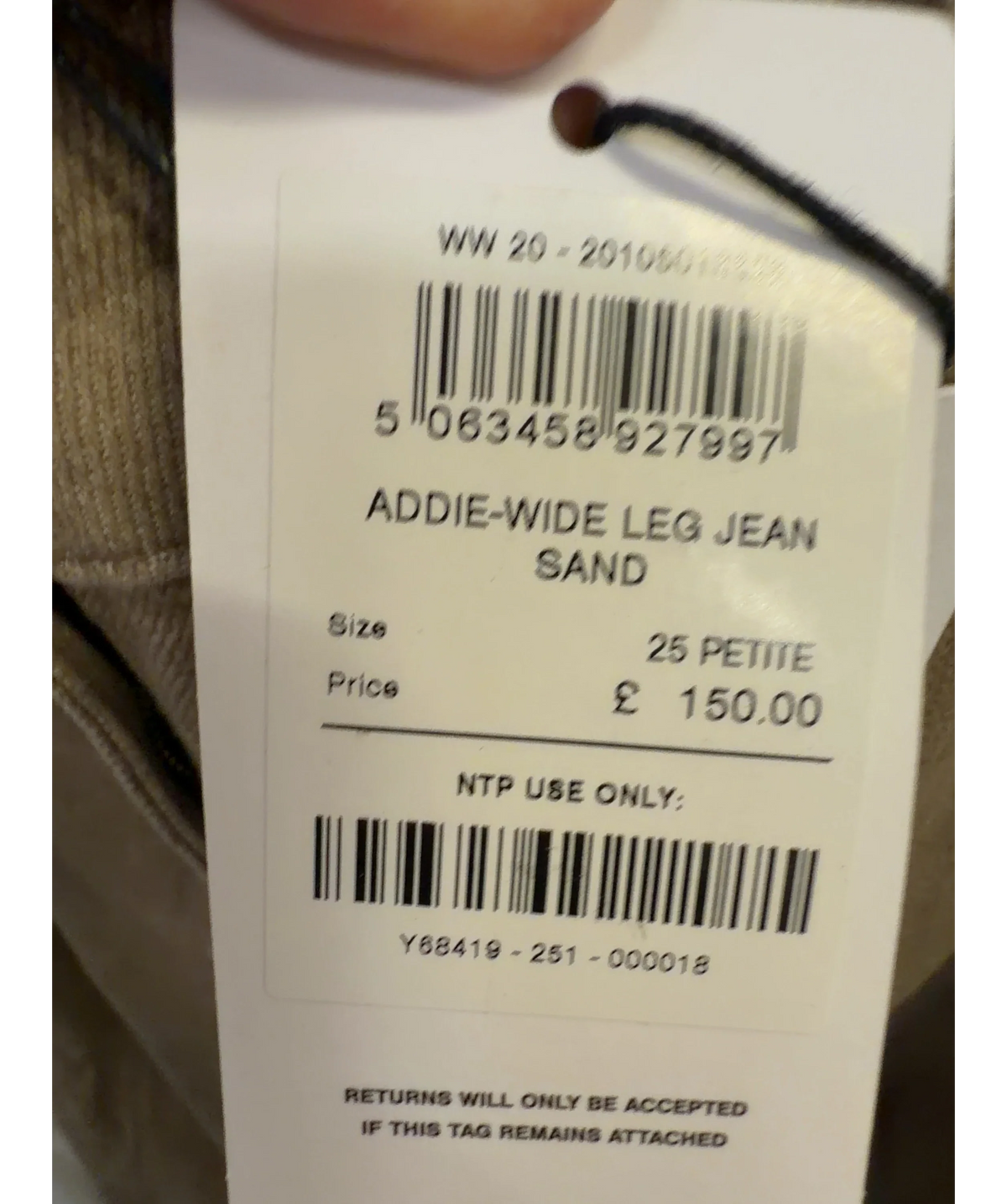 REISS Beige ADDIE-WIDE LEG JEAN SAND, size W25 — label