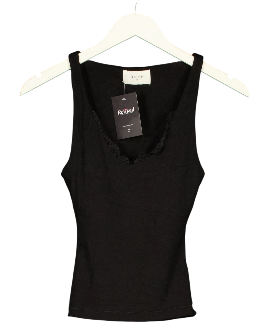 DISSH Black Rebecca black lace-trim knit tank, size UK XS — front