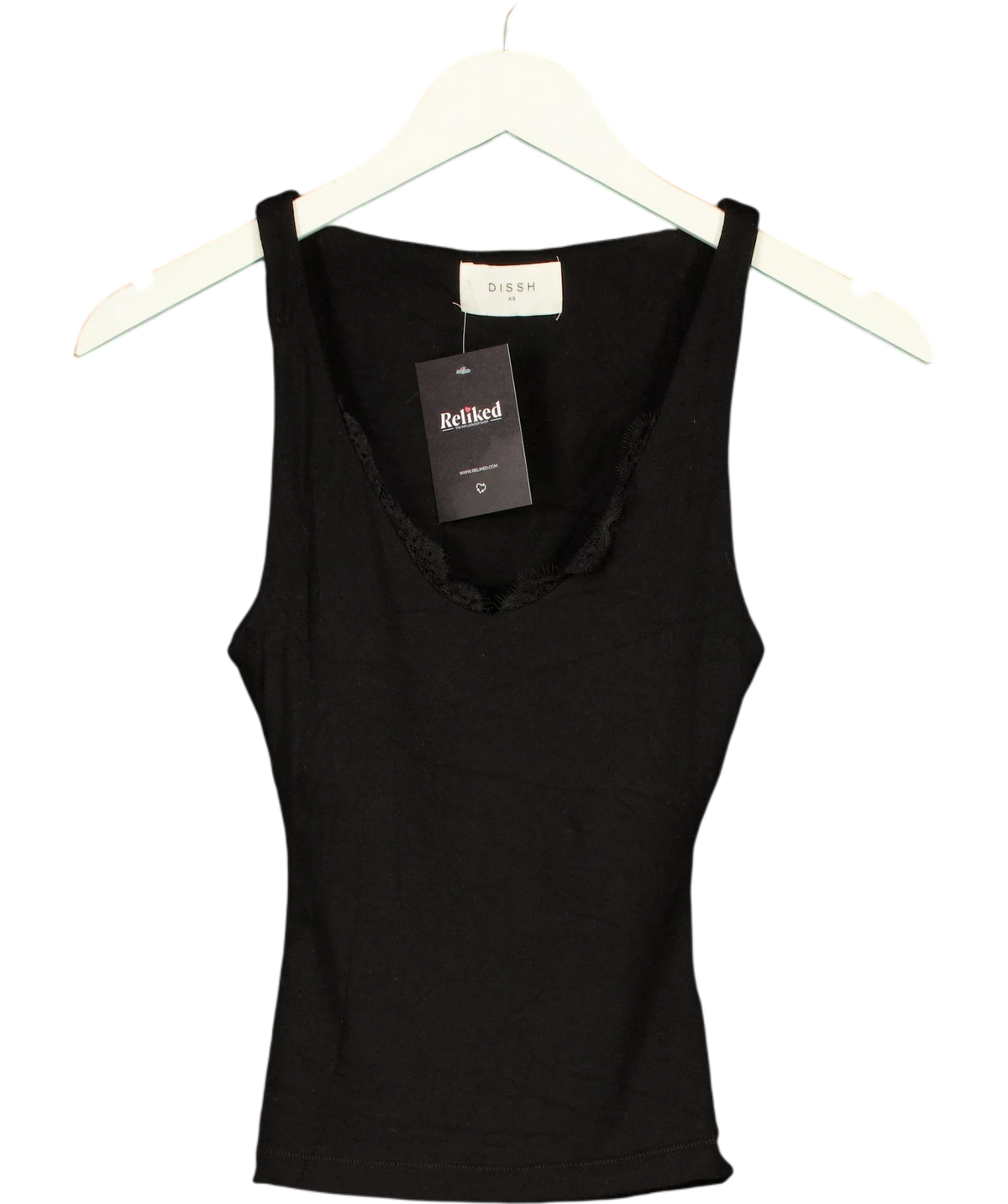 DISSH Black Rebecca black lace-trim knit tank, size UK XS — front