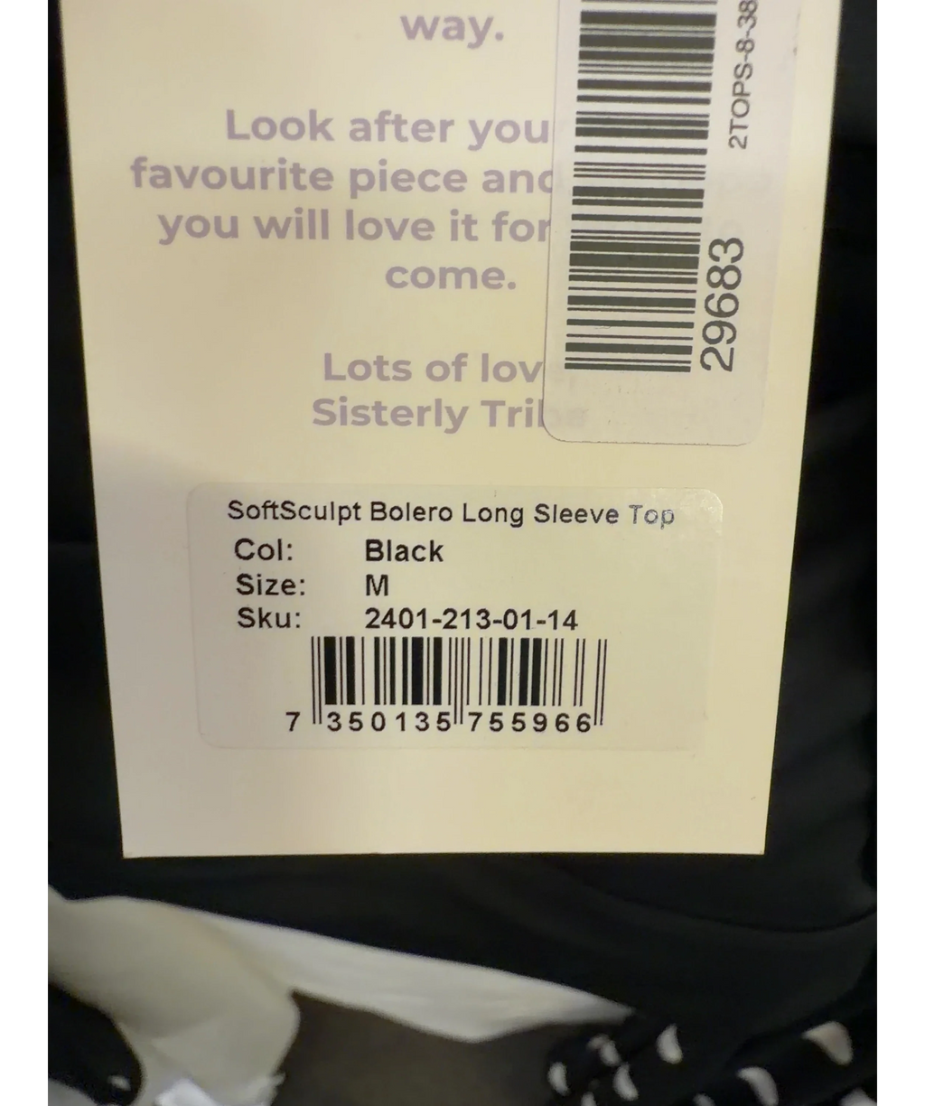 SISTERLY TRIBE Black SoftSculpt Bolero Long Sleeve Top, size UK M — care label