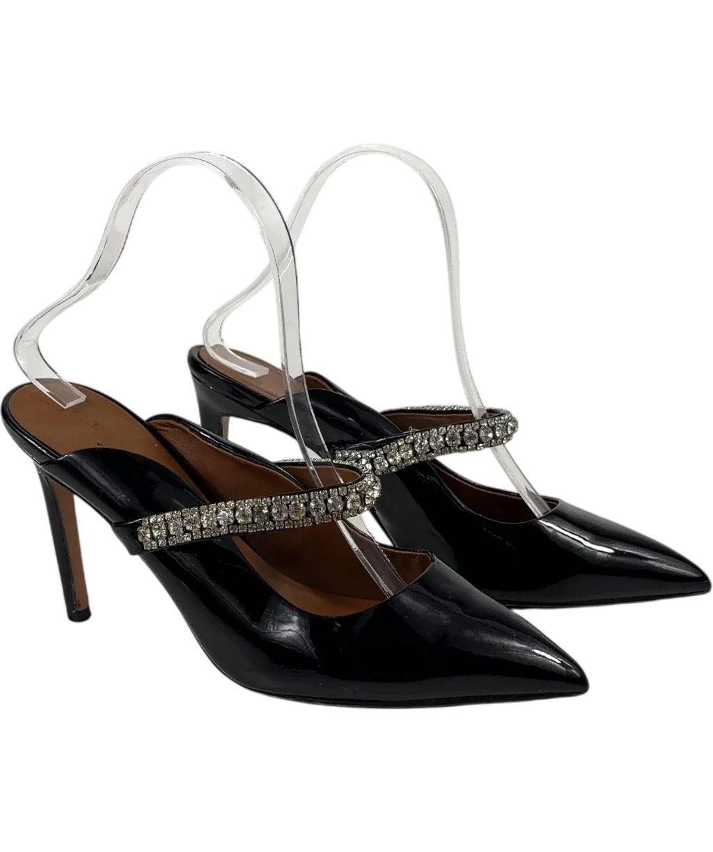 Kurt Geiger Black Strass Point / Duke style patent mule, size UK 5 EU 38 👠 — front