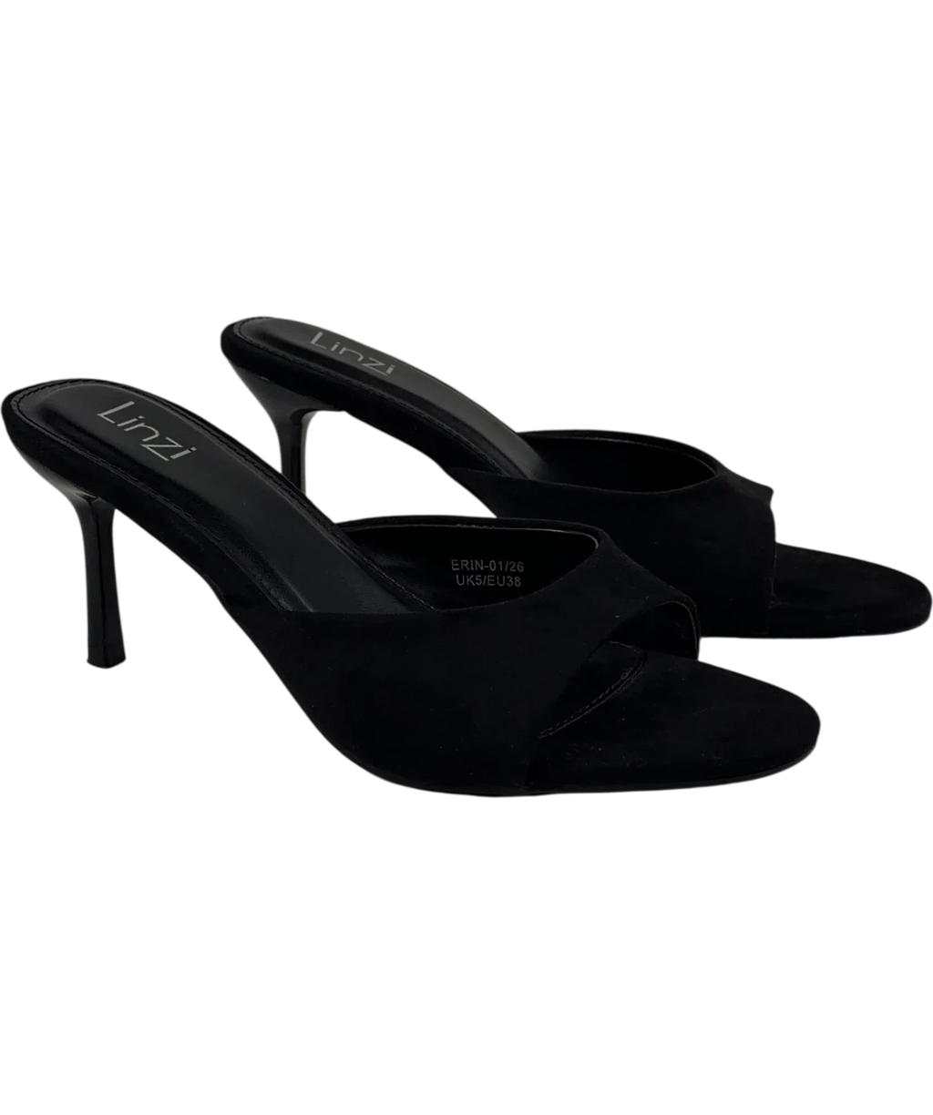 LINZI Black Erin Black Faux Suede Mule Heels, size UK 5 EU 38 👠 — front