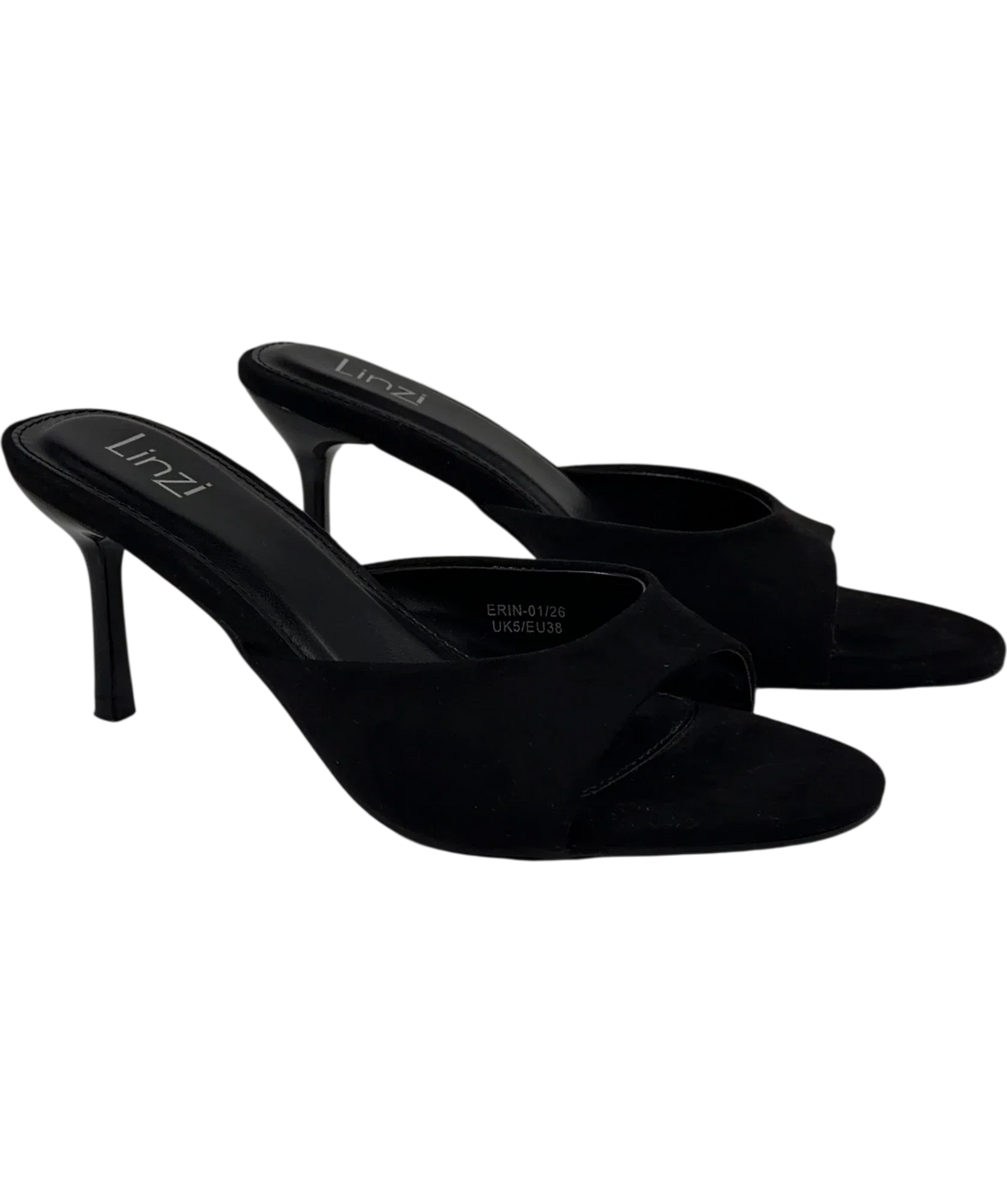 LINZI Black Erin Black Faux Suede Mule Heels, size UK 5 EU 38 👠 — front