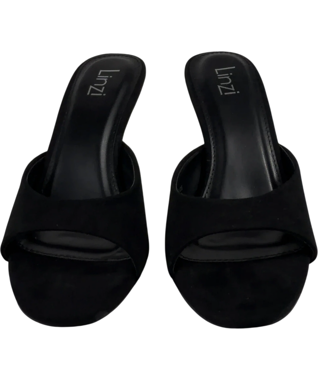 LINZI Black Erin Black Faux Suede Mule Heels, size UK 5 EU 38 👠 — detail