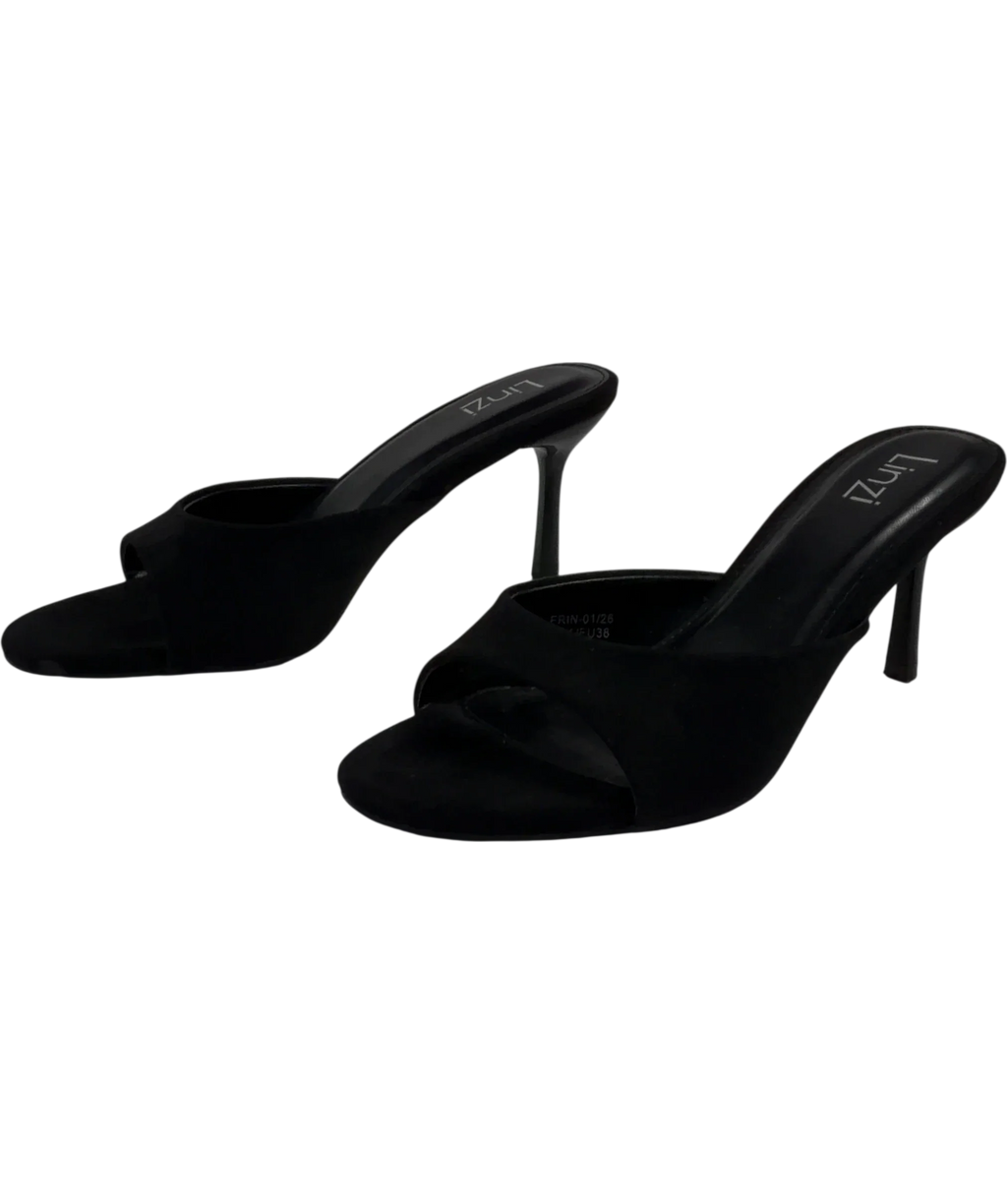 LINZI Black Erin Black Faux Suede Mule Heels, size UK 5 EU 38 👠 — label