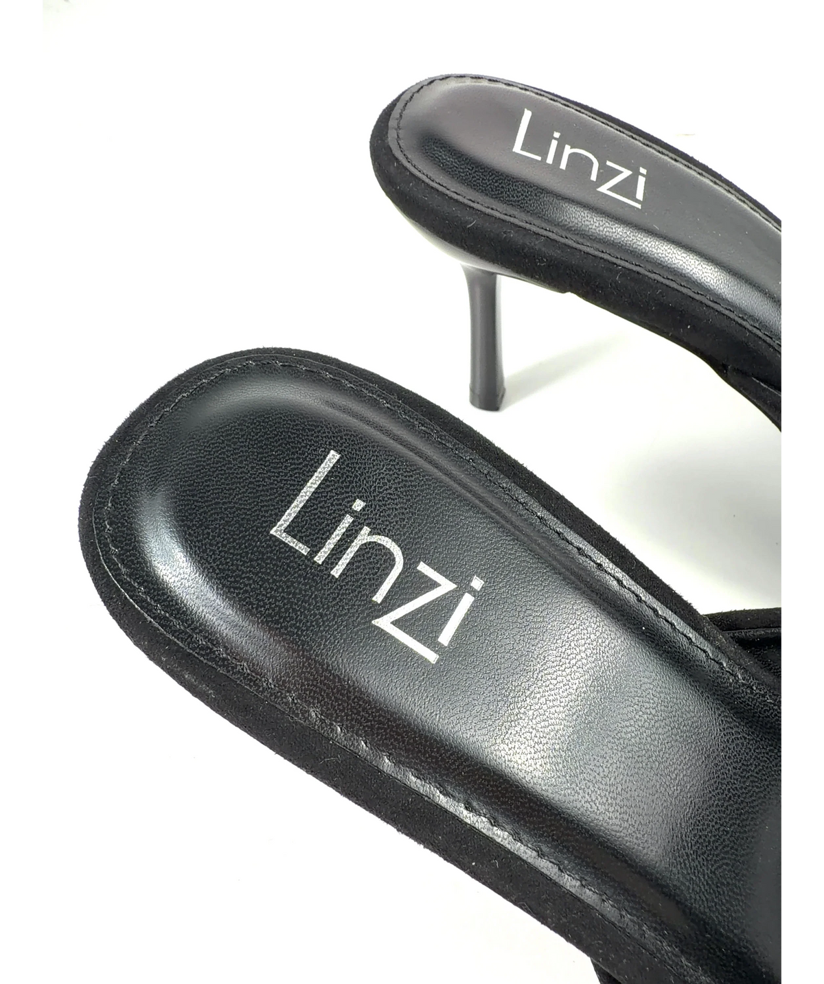 LINZI Black Erin Black Faux Suede Mule Heels, size UK 5 EU 38 👠 — care label