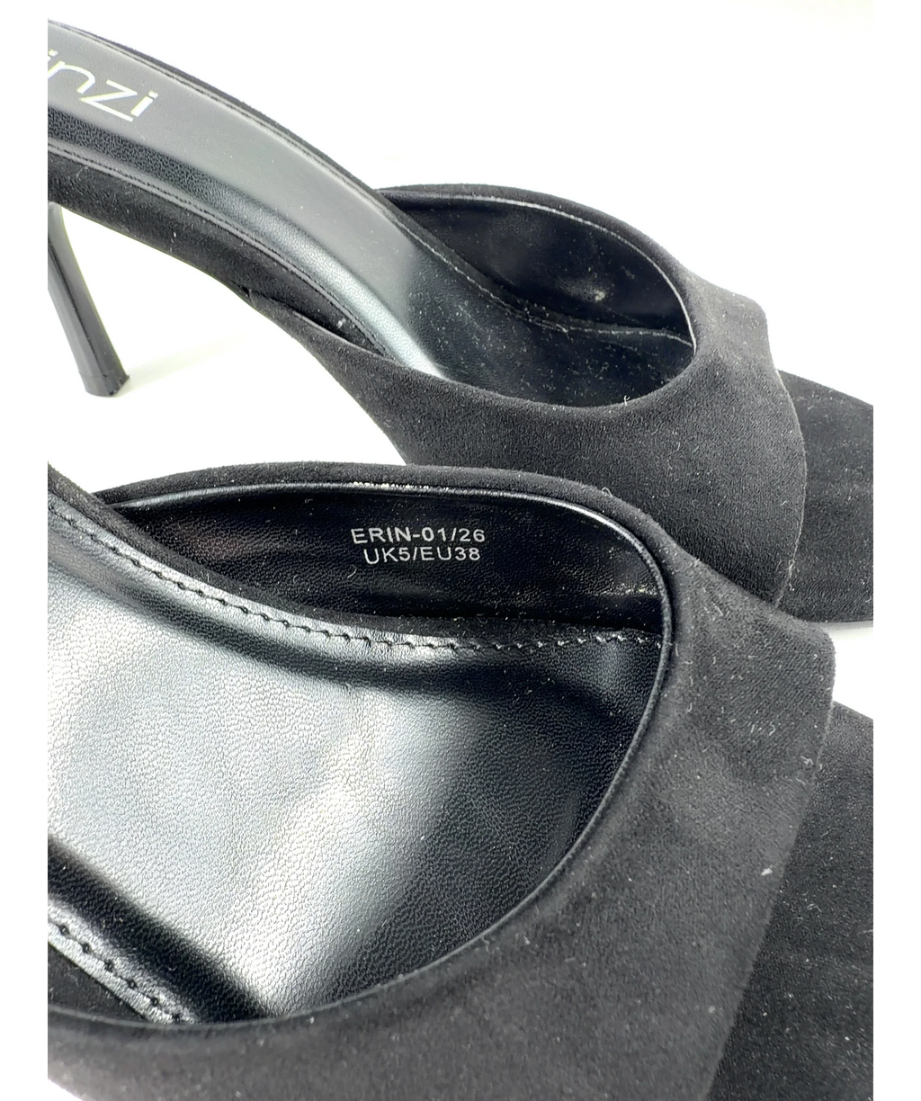 LINZI Black Erin Black Faux Suede Mule Heels, size UK 5 EU 38 👠 — fabric detail