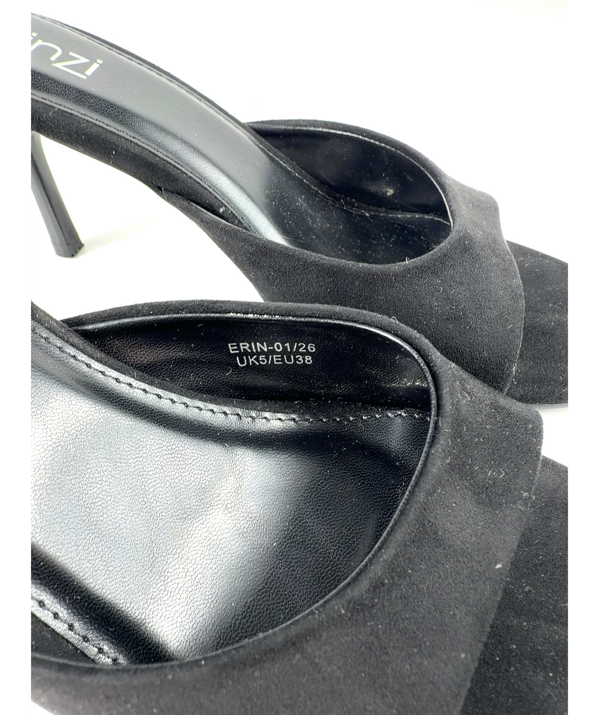 LINZI Black Erin Black Faux Suede Mule Heels, size UK 5 EU 38 👠 — fabric detail