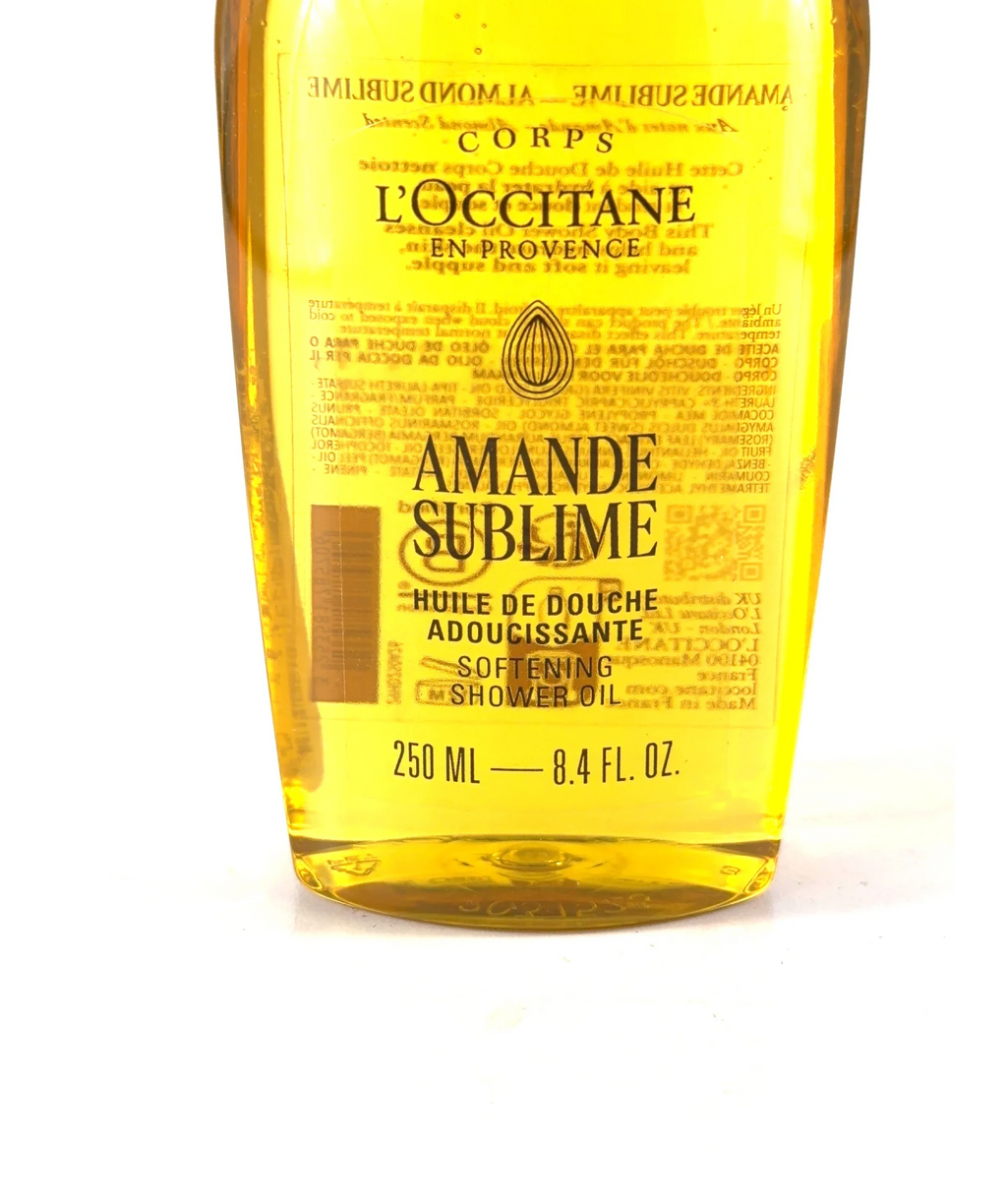 Loccitane Almond (Amande Sublime) Softening Shower Oil, size 250ml — care label