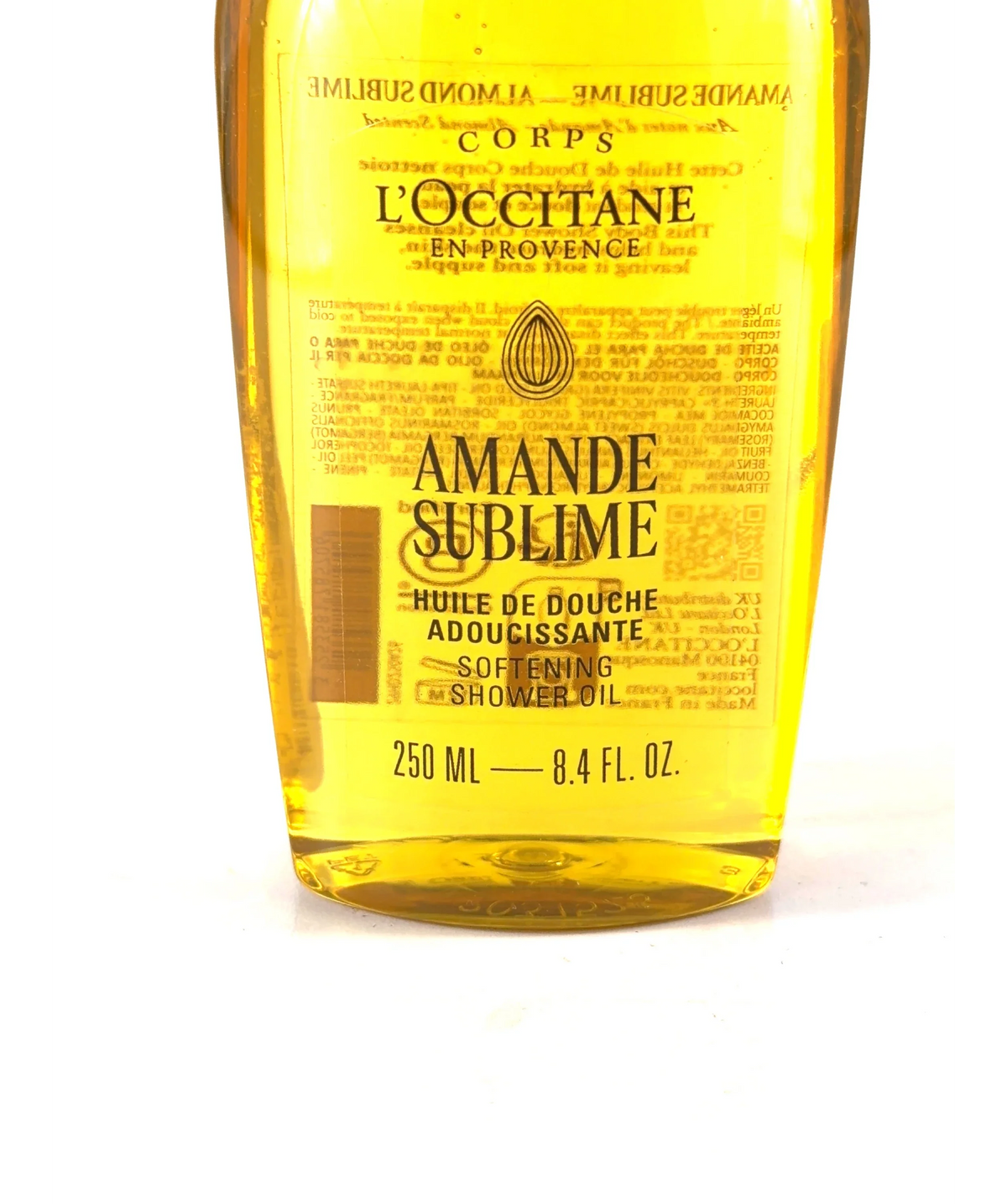 Loccitane Almond (Amande Sublime) Softening Shower Oil, size 250ml — care label