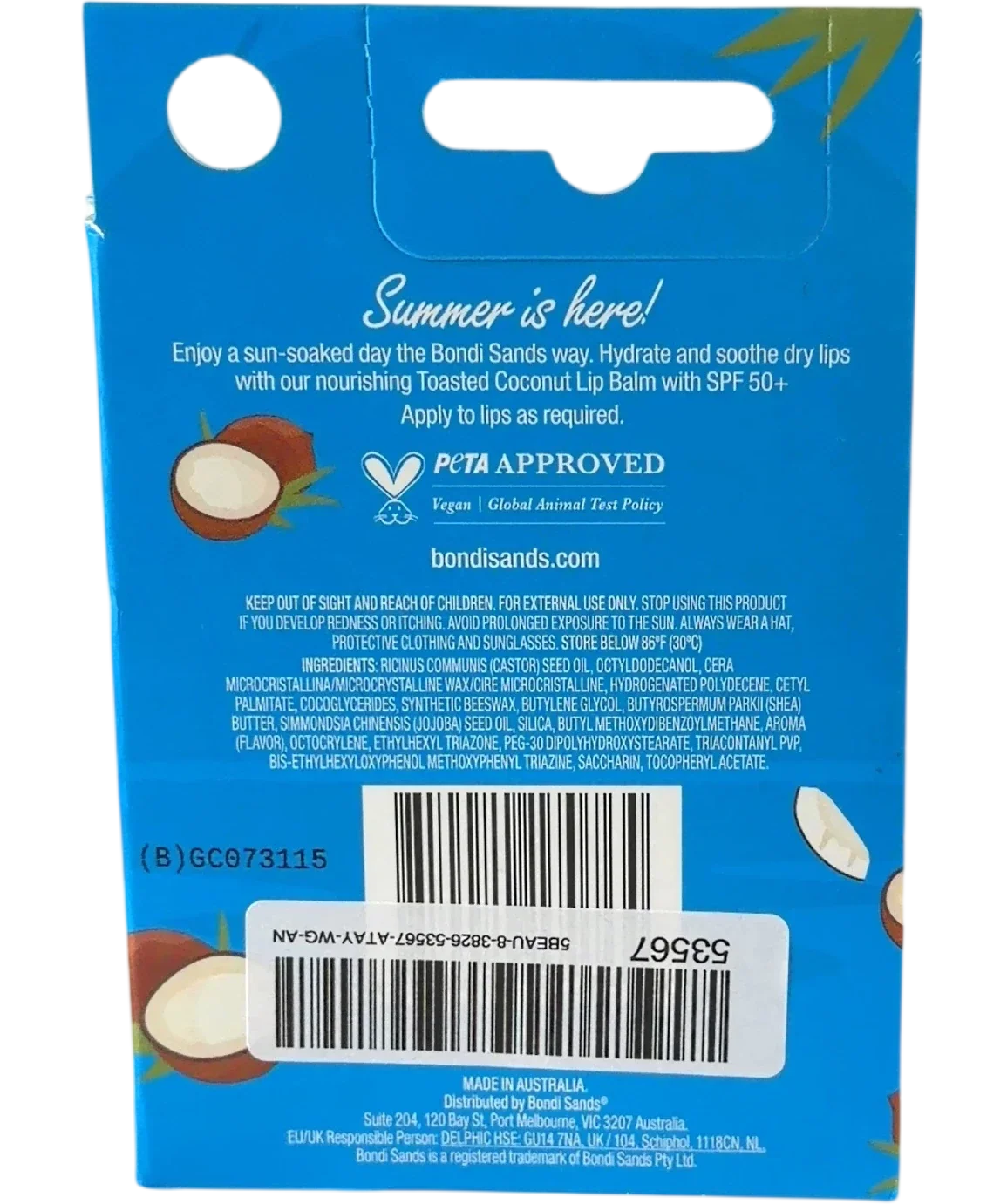 Bondi Sands Toasted Coconut LIP BALM with SPF 50+ TOASTED COCONUT, size 10g — back