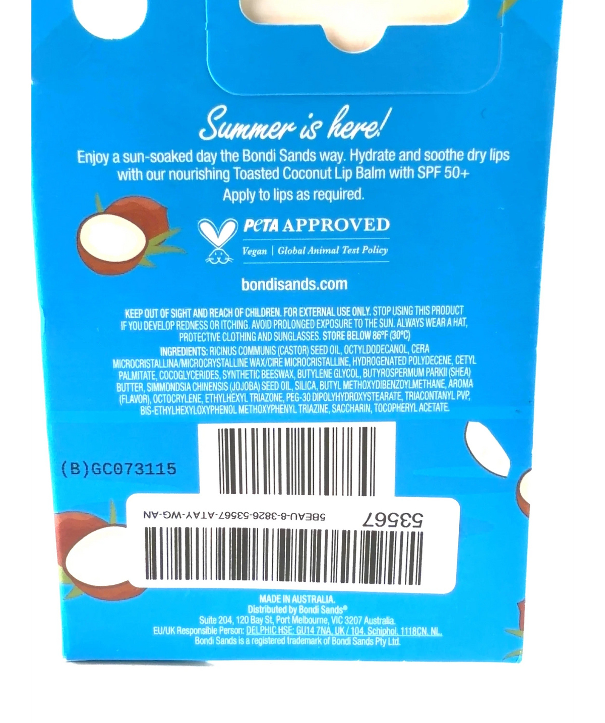 Bondi Sands Toasted Coconut LIP BALM with SPF 50+ TOASTED COCONUT, size 10g — fabric detail