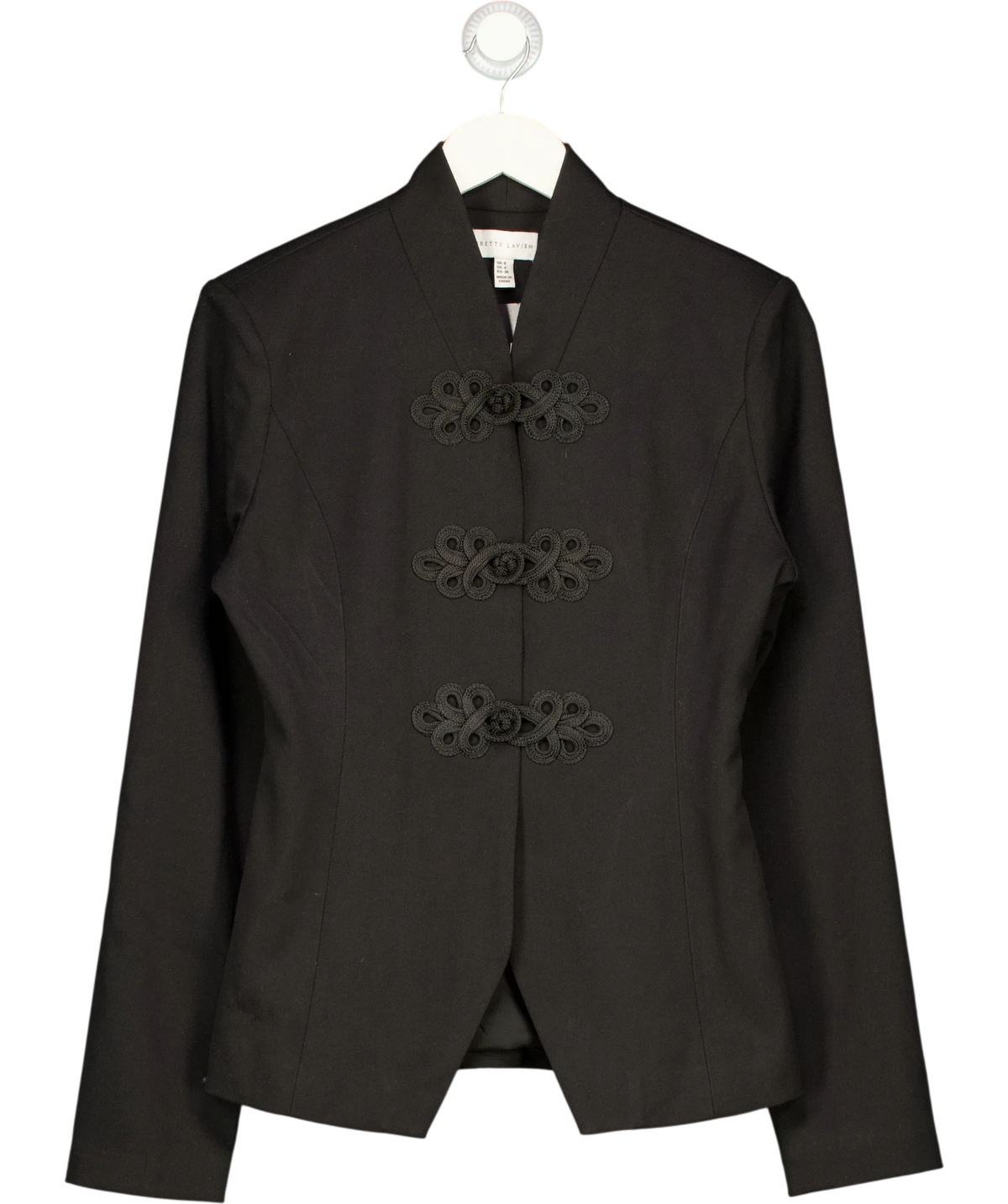 PRETTY LAVISH Black Hollyn Knot Detail Long Sleeve Jacket / Hollyn Knot Stretch-Woven Jacket, size UK 8 — front