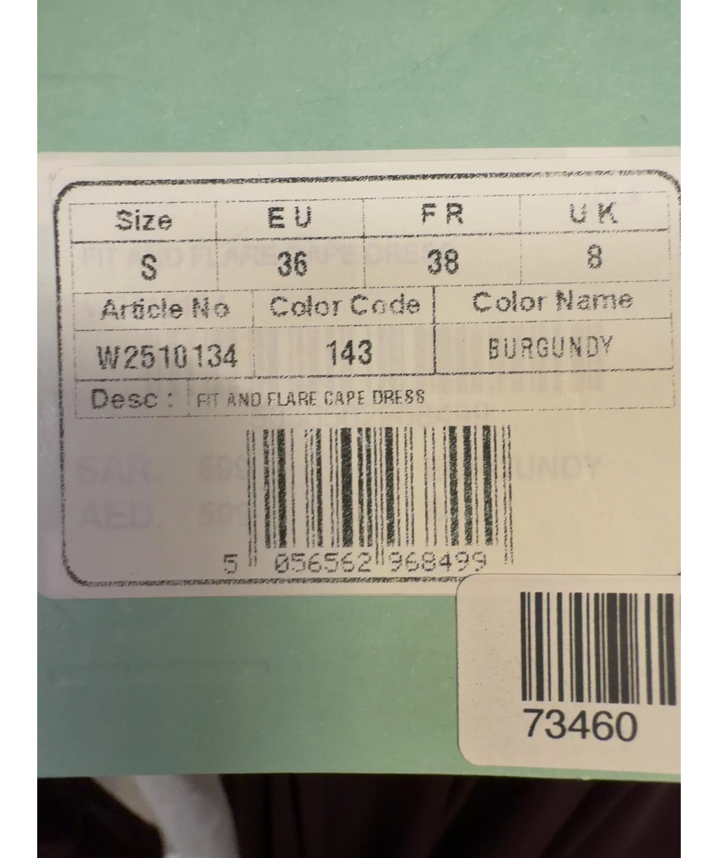 Leem burgundy FIT AND FLARE CAPE DRESS, size UK 8 — label