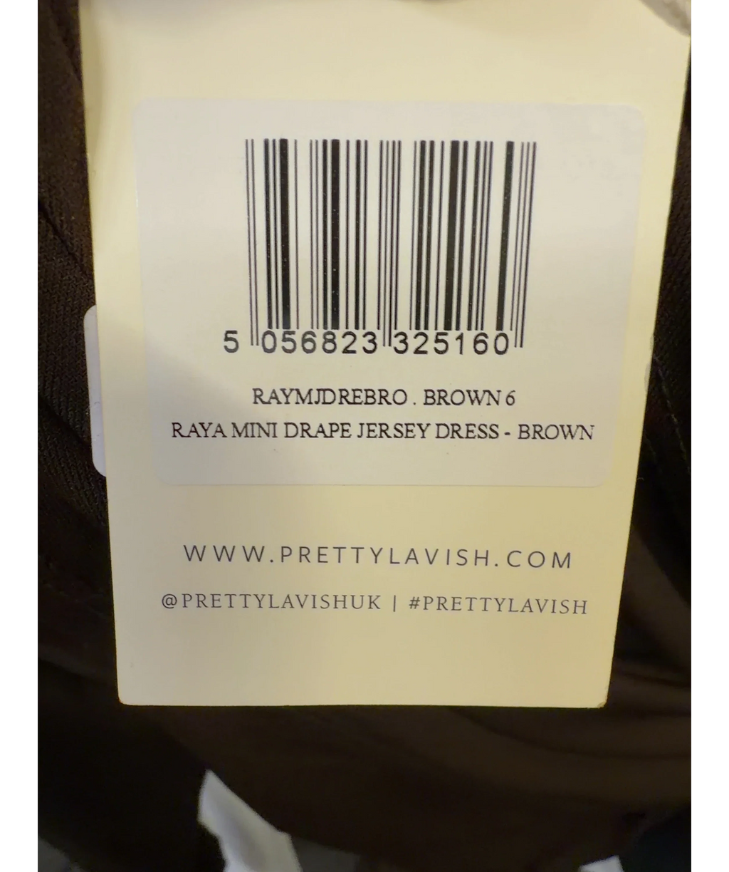 PRETTY LAVISH Brown Raya Drape Jersey Mini Dress, size UK 6 — care label