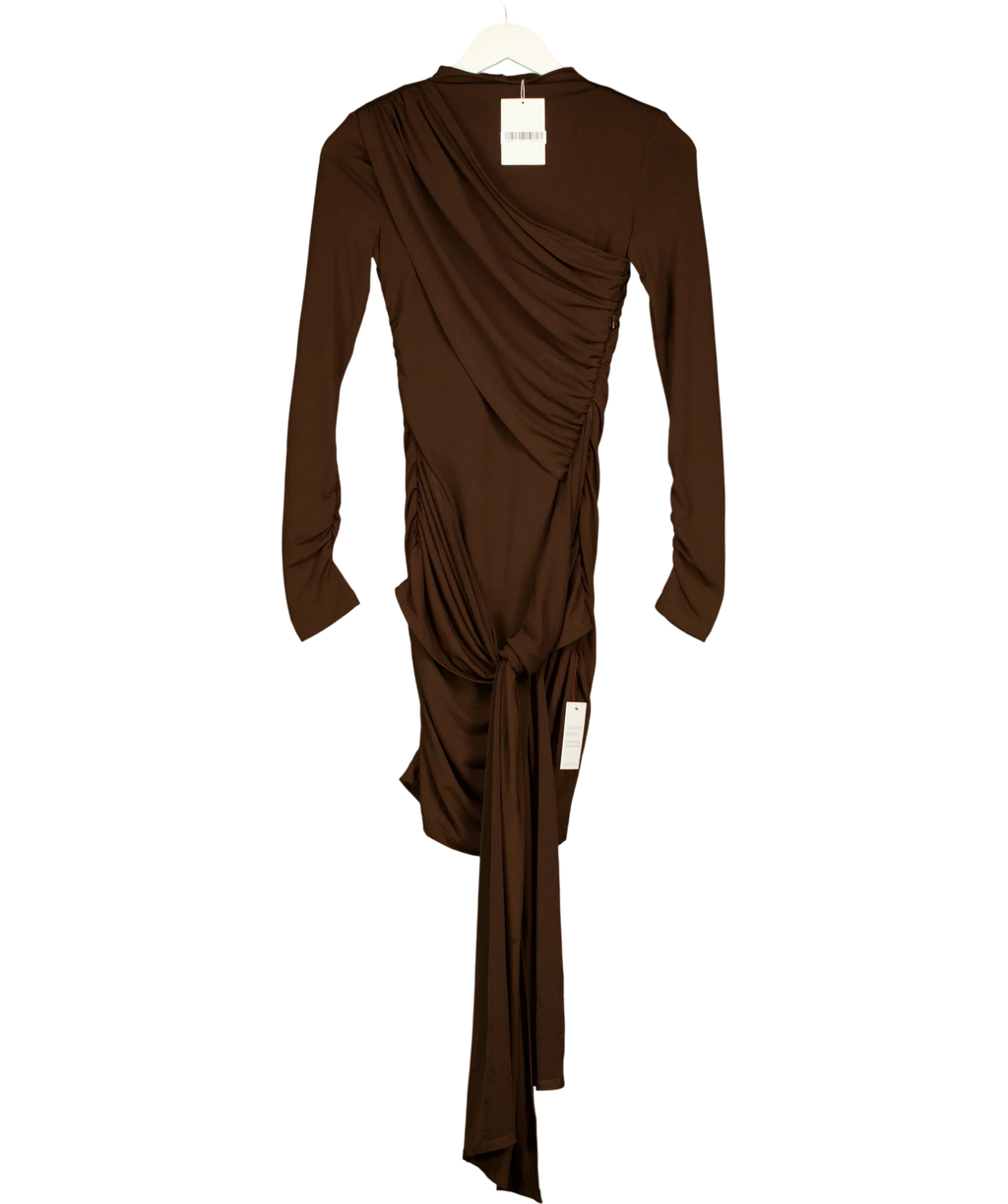 PRETTY LAVISH Brown Raya Drape Jersey Mini Dress, size UK 6 — front