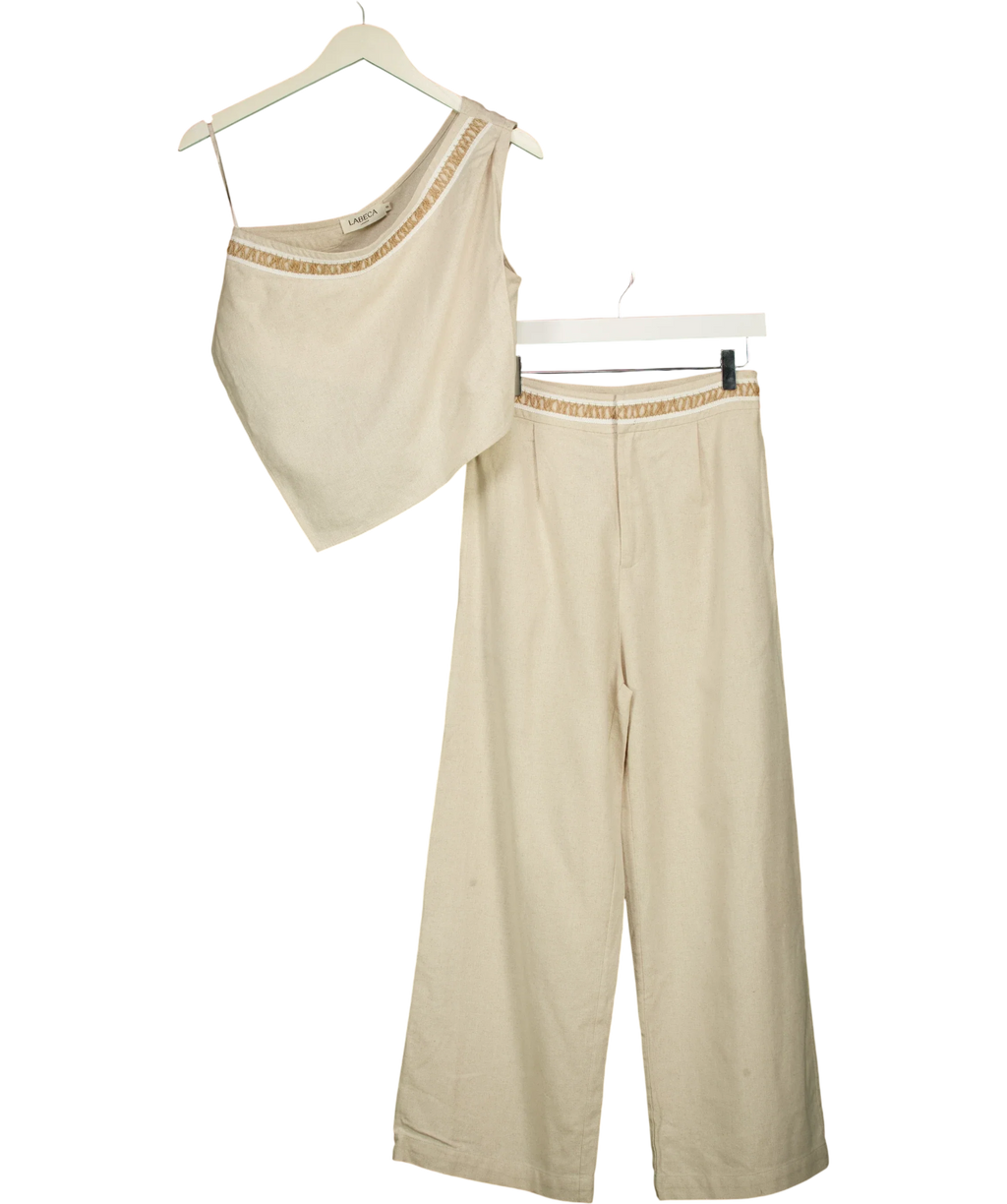 Labeca Beige Sahara Cotton One Shoulder Top and Sahara Cotton Pants, size UK S — front