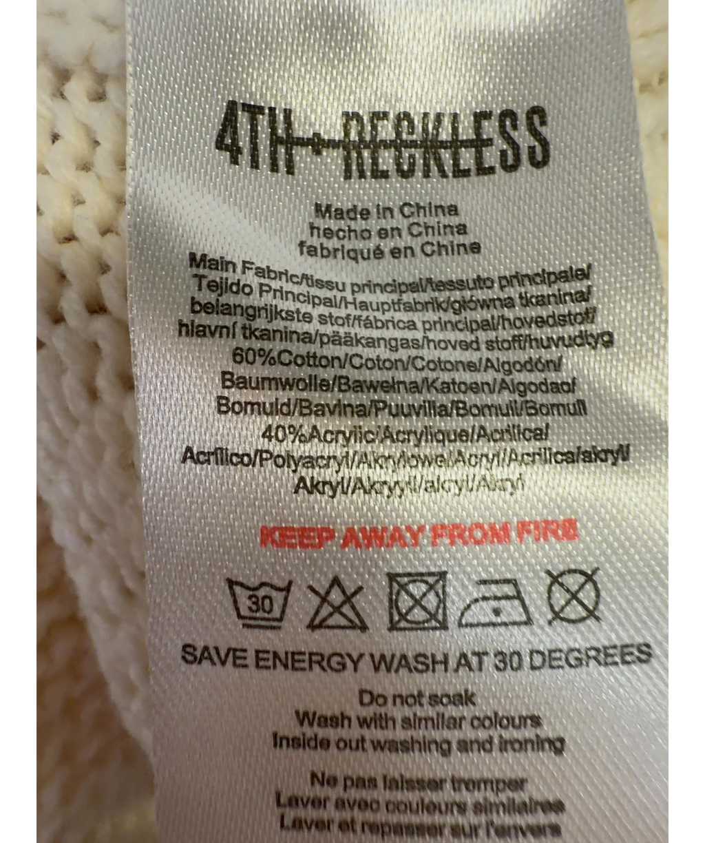 4th & Reckless Cream cable knit v-neck jumper and wide-leg trousers co-ord, size UK 8 — label