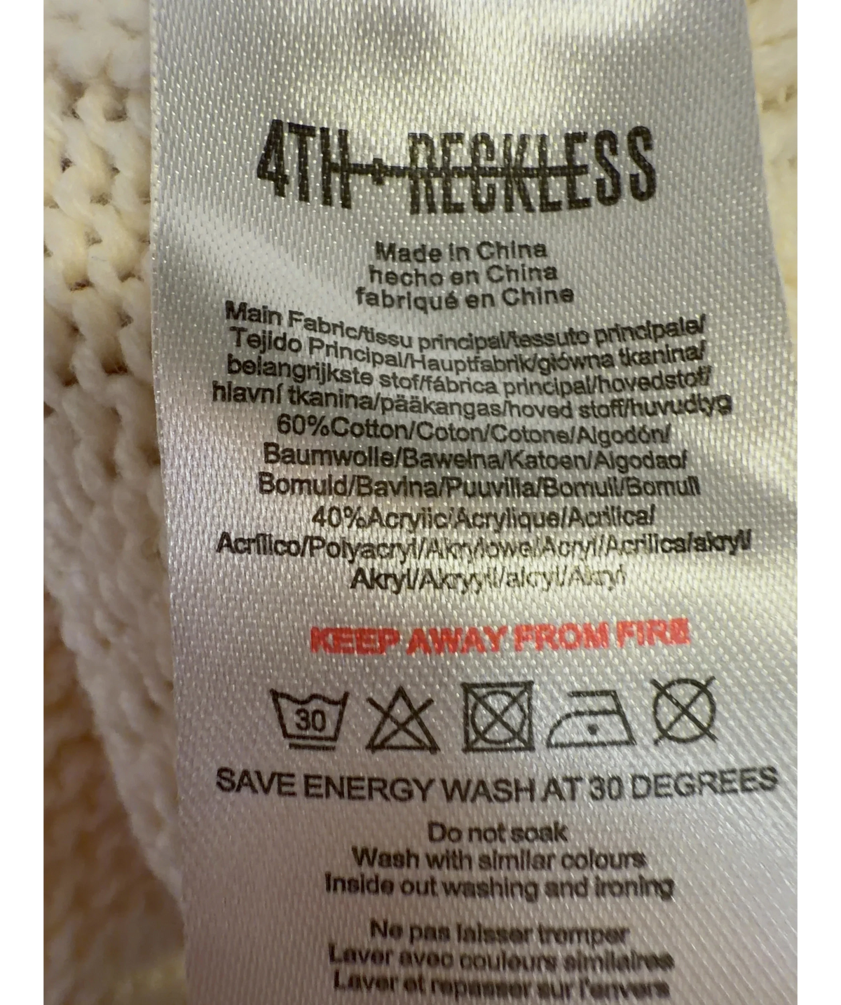 4th & Reckless Cream cable knit v-neck jumper and wide-leg trousers co-ord, size UK 8 — label