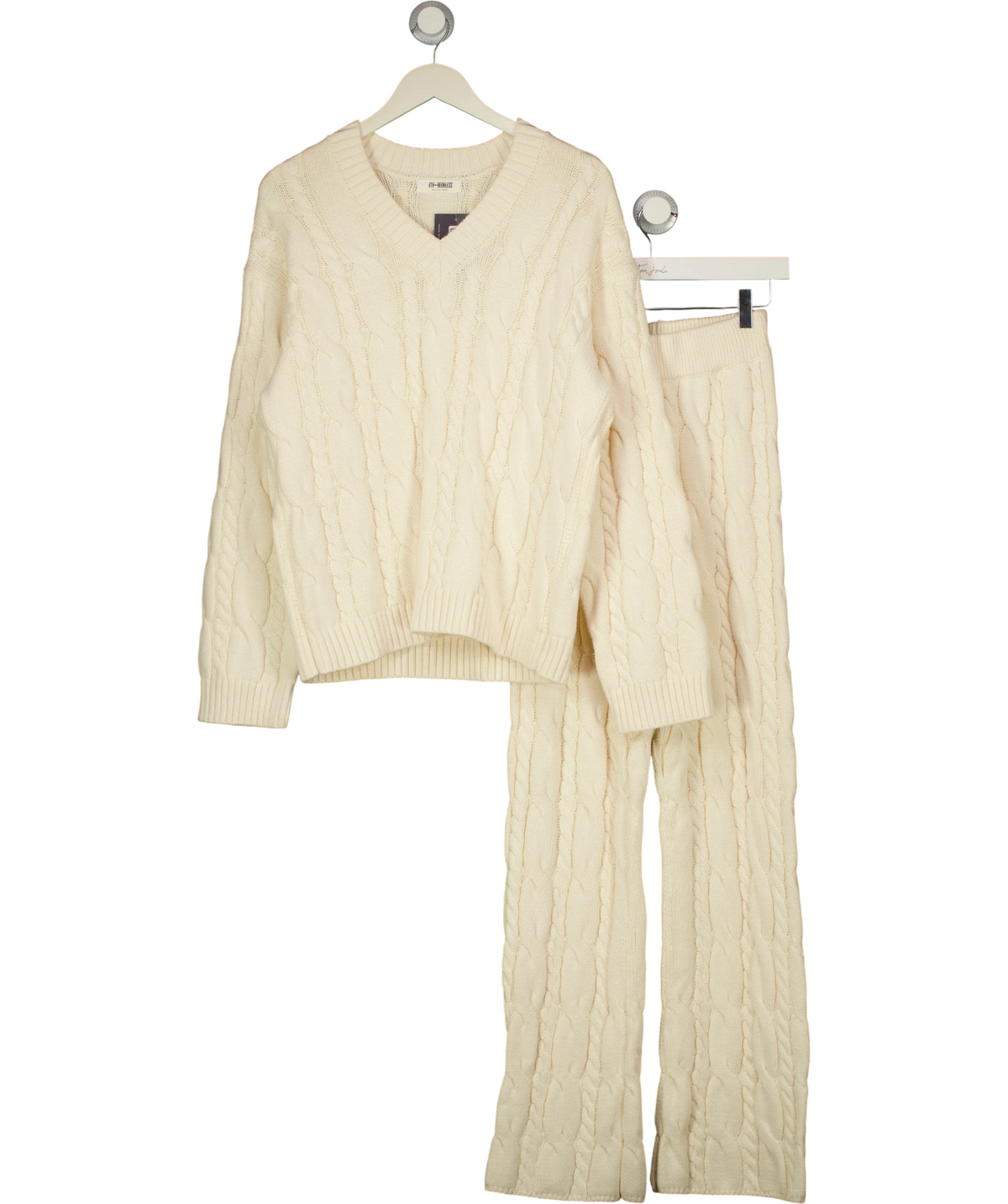 4th & Reckless Cream cable knit v-neck jumper and wide-leg trousers co-ord, size UK 8 — front