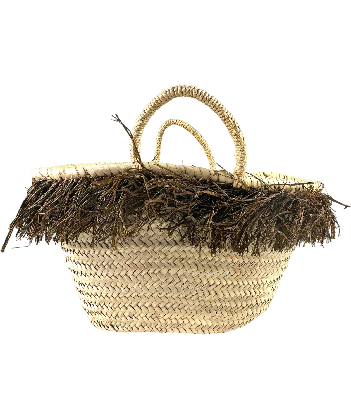 bohemia Beige Raffia Fringed Basket — front
