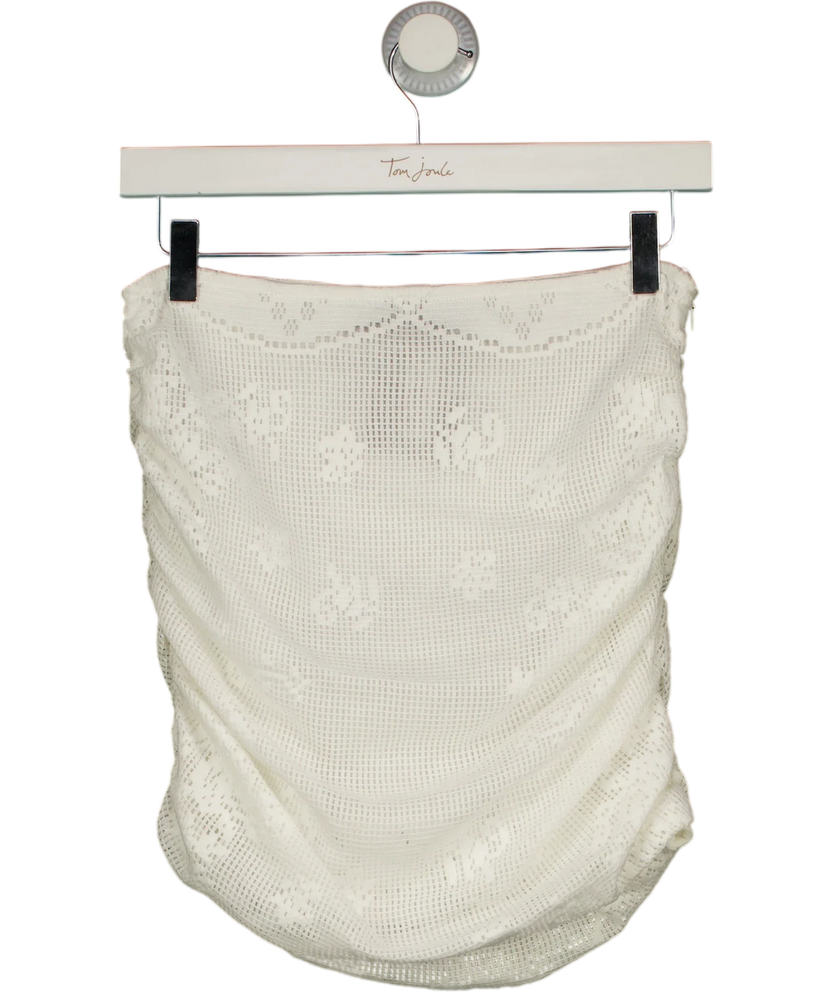Noughts & Kisses White lace knit mini skirt co-ord, size UK S — front