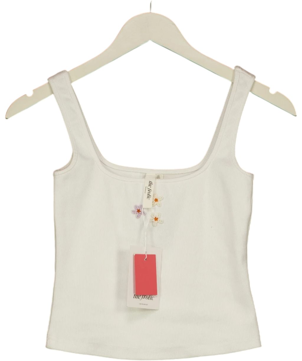 The Frolic White exclusive cotton rich bead flower front vest top, size UK 8 — front