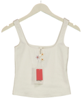 The Frolic White exclusive cotton rich bead flower front vest top, size UK 8 — front