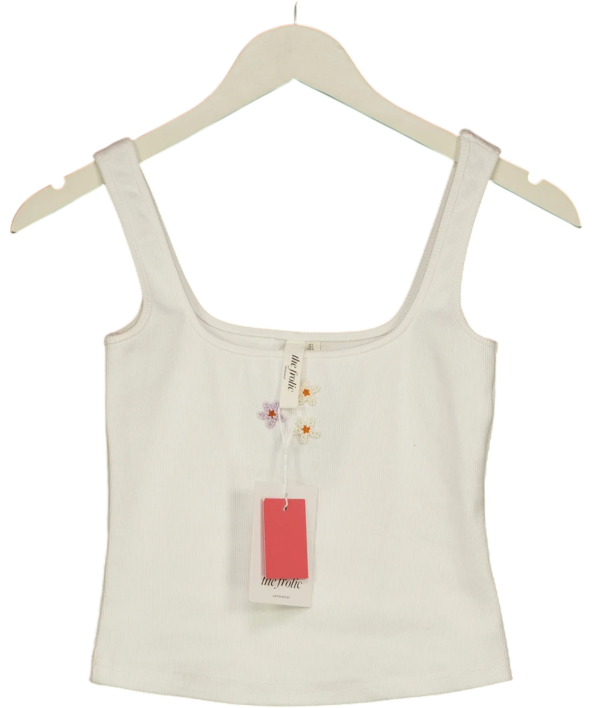 The Frolic White exclusive cotton rich bead flower front vest top, size UK 8 — front