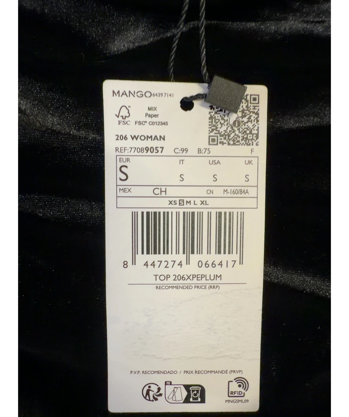MANGO Black TOP 206XPEPLUM, size UK S — care label